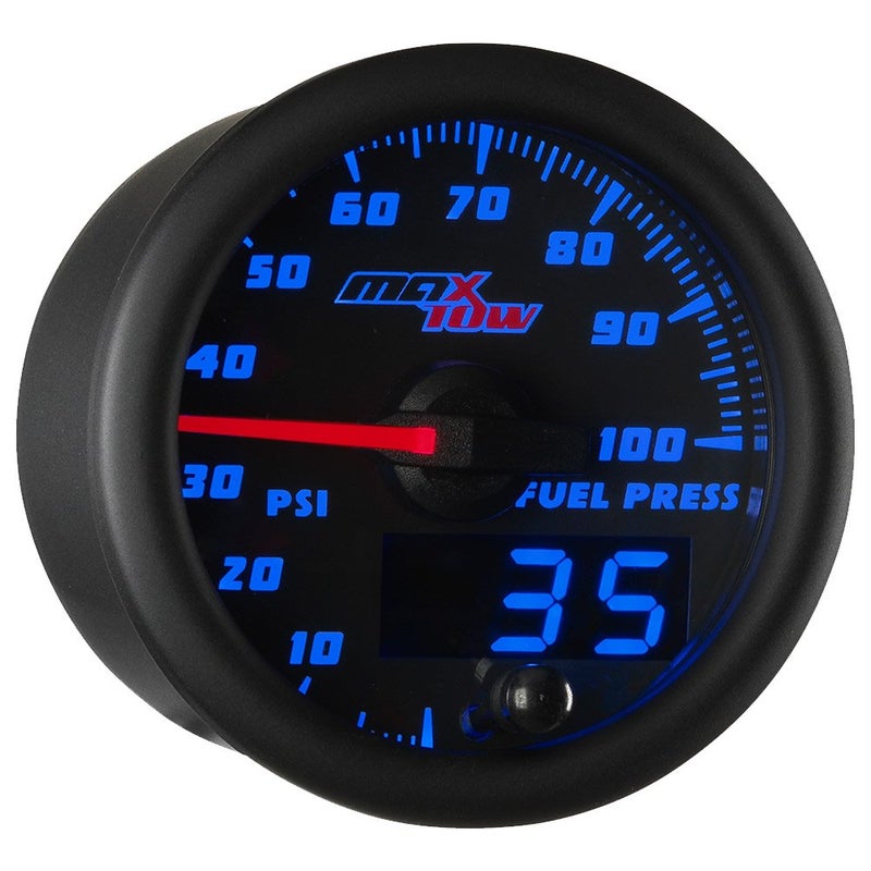MaxTow Double Vision 100 PSI Fuel Pressure Gauge Kit - Includes 1/8-27 NPT Electronic Sensor & Wiring - Black Dial - Blue LED Lighting - Analog & Digital Readouts - for Trucks - 2-1/16" 52mm - Image 1